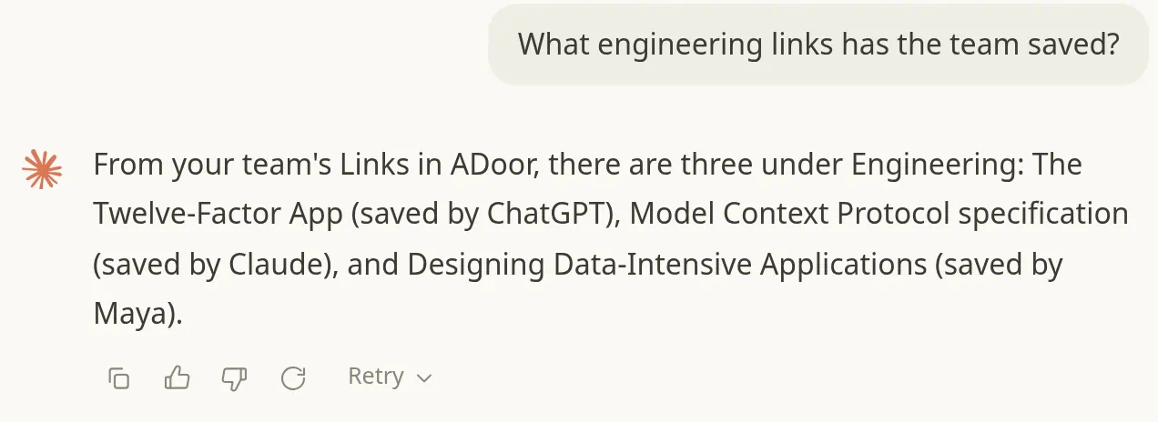 Illustration of Claude listing three engineering links from ADoor: The Twelve-Factor App, the Model Context Protocol specification, and Designing Data-Intensive Applications.