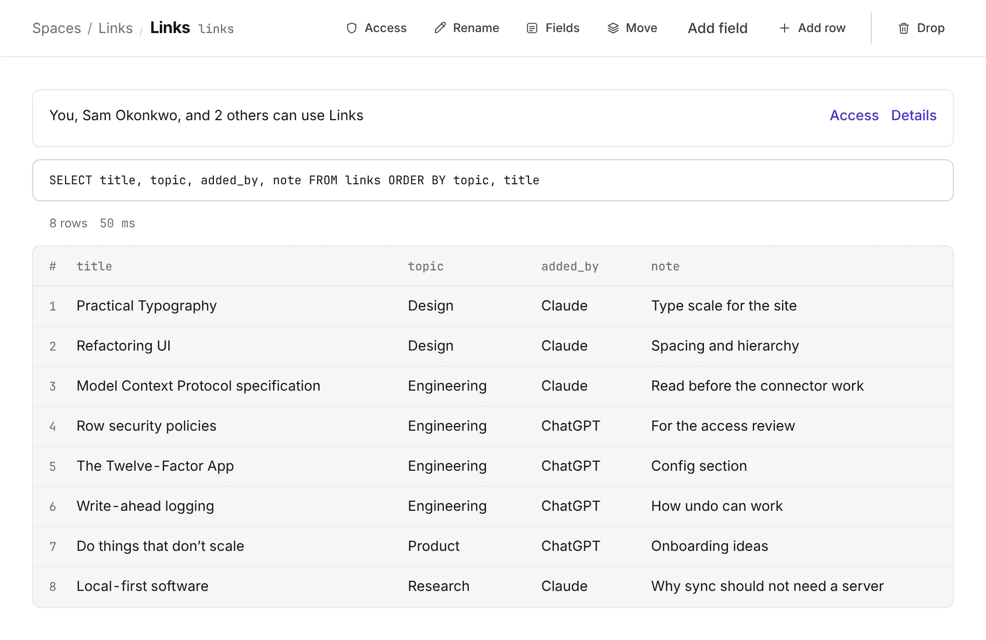 The team's Links list in ADoor: eight links, each saved by Claude or ChatGPT, with topic and note.