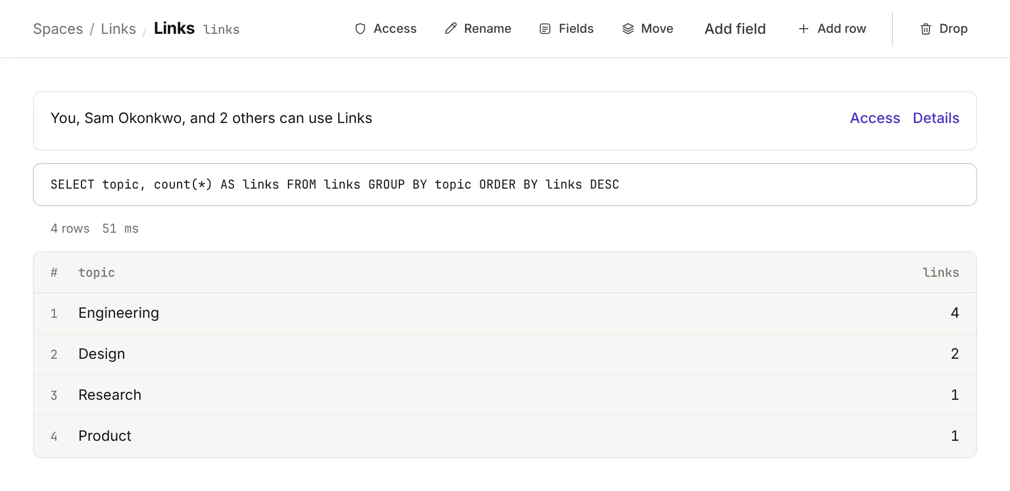A SQL query in ADoor counting the team's links by topic.